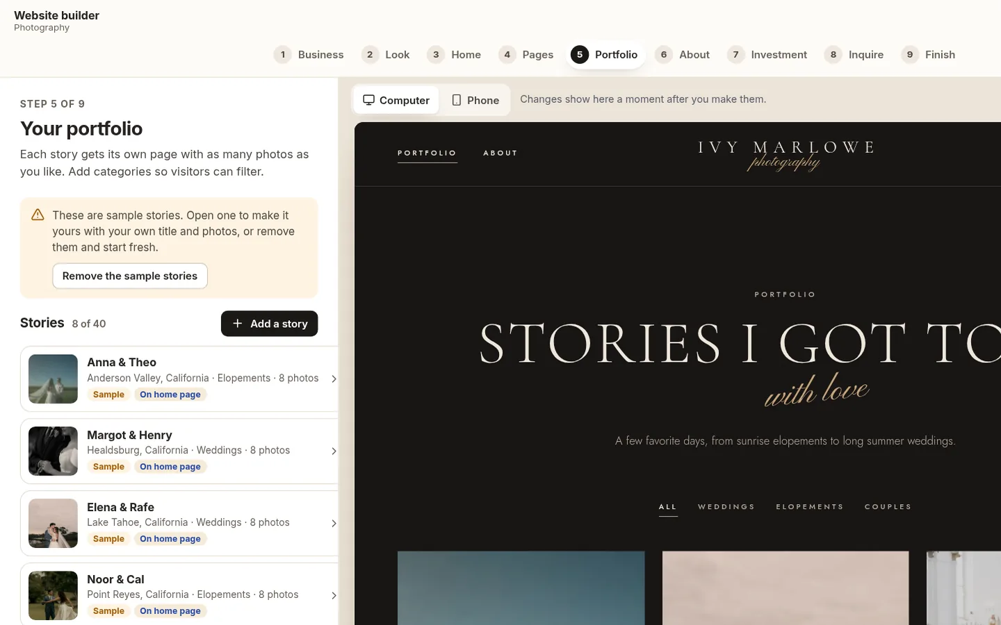 The builder at the “Add your stories” step