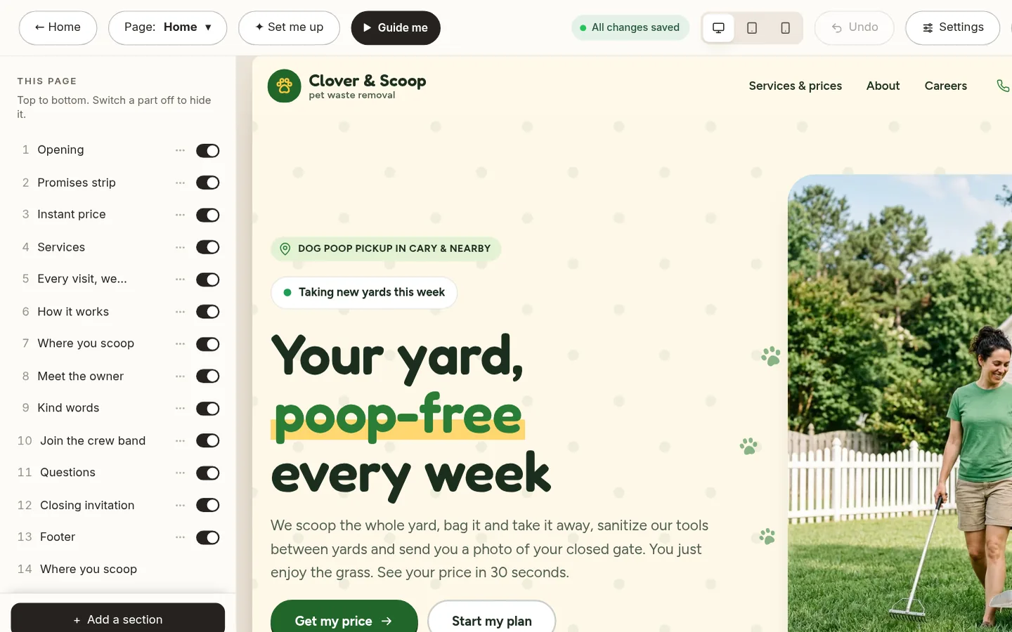 The builder at the “Edit your home page, part by part” step