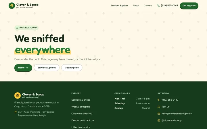 The page not found page of the Fetch template