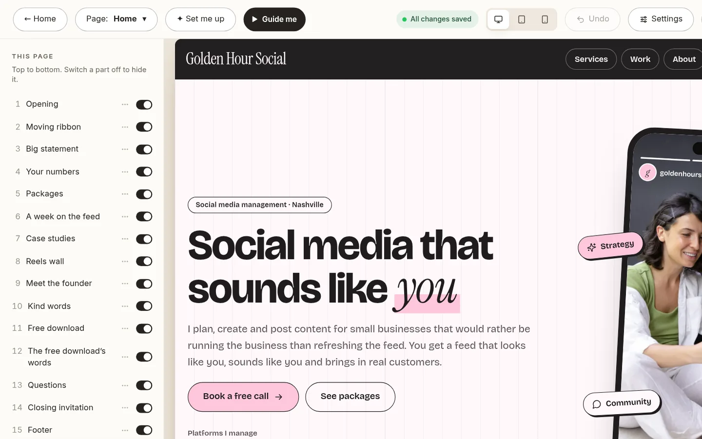The builder at the “Edit your home page, part by part” step