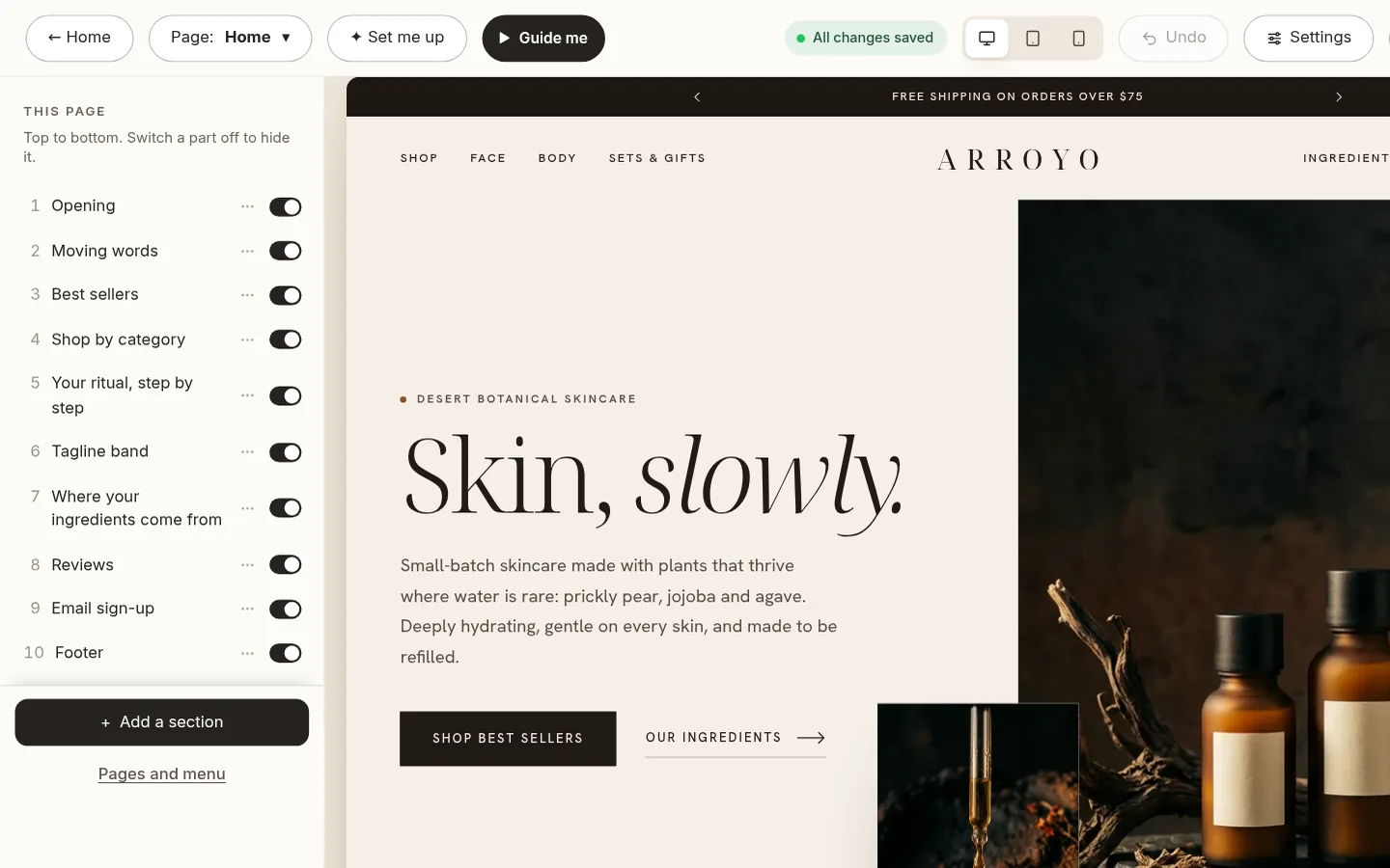 The builder at the “Edit your home page, part by part” step
