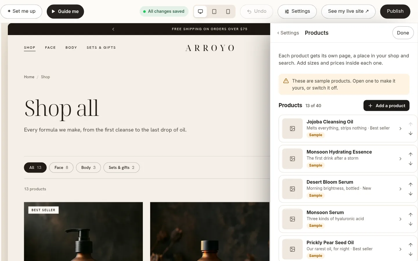 The builder at the “Add your products” step