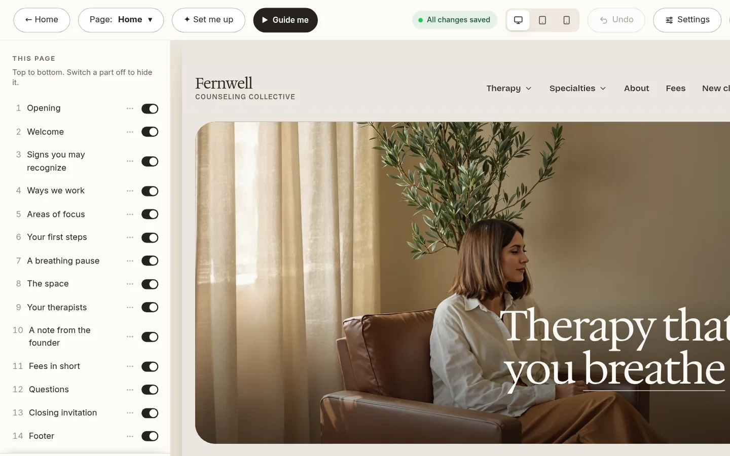 The builder at the “Edit your home page, part by part” step