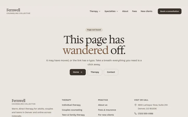 The page not found page of the Therapy template