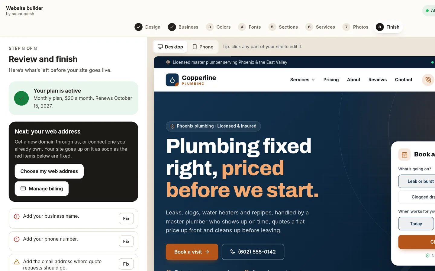 The builder at the “Pick your web address and go live” step