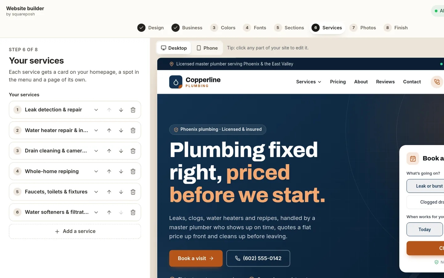 The builder at the “List your services” step