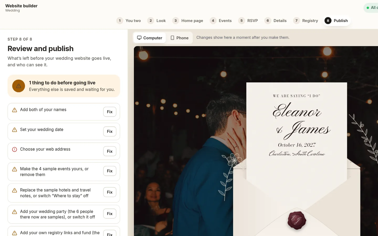 The builder at the “Check it and publish” step