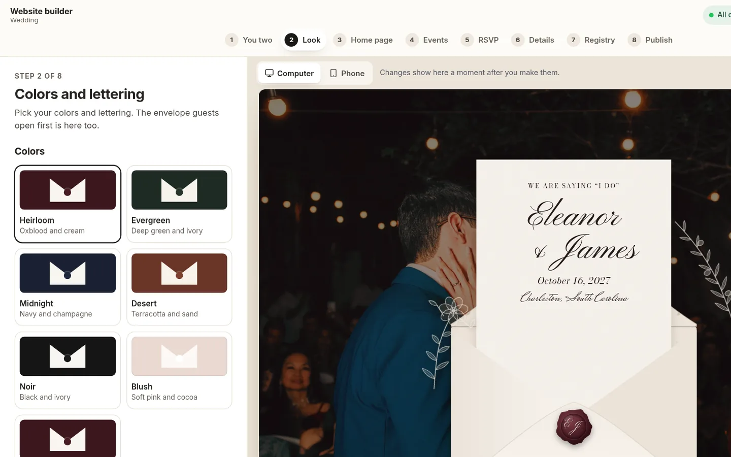 The builder at the “Colors, lettering and the envelope” step