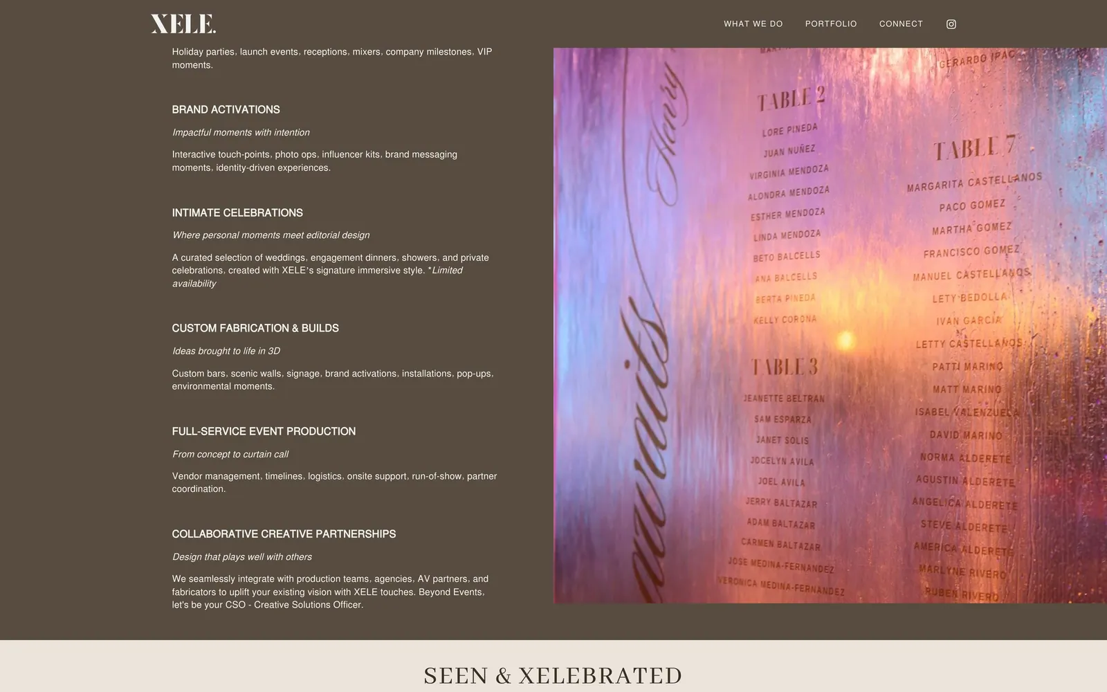 Xele: What we do, eight services each with a tagline and a line of detail.